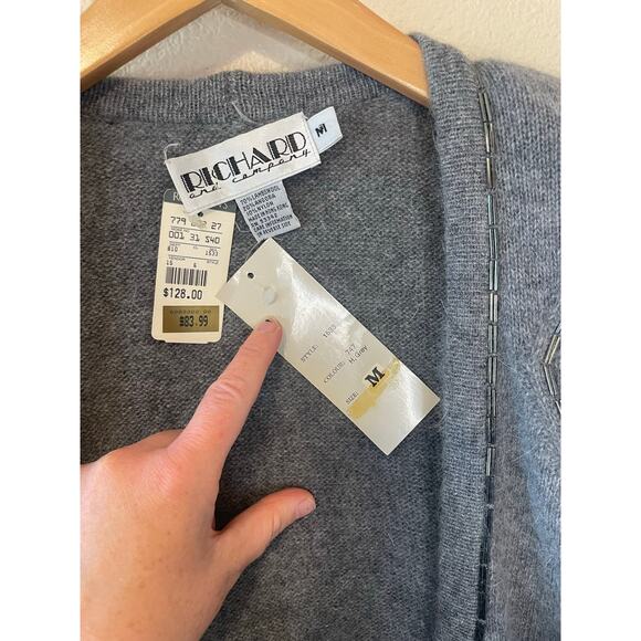 NWT Vintage Richard and Company Lambs Wool Blend Beaded Gray Cardigan Medium - Picture 11 of 11